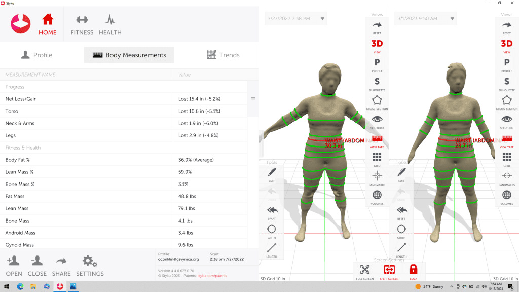 a screen capture graphic from our Styku body scanner showing a member's body transformation side-by-side