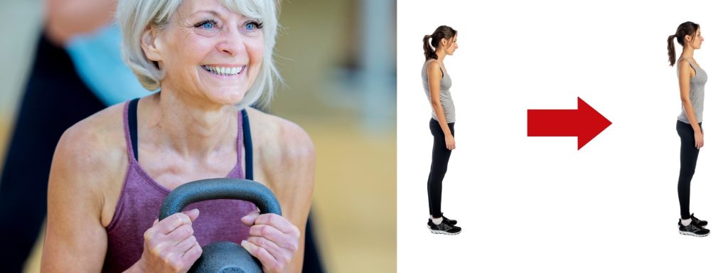 corrective exercise web graphic showing a woman working out with a kettlebell and the transformation in a woman's posture from slouched to upright