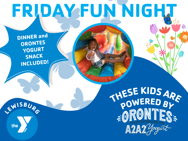 Friday Fun Night graphic showing kids playing and mentioning the Orontes Yogurt sponsorship.