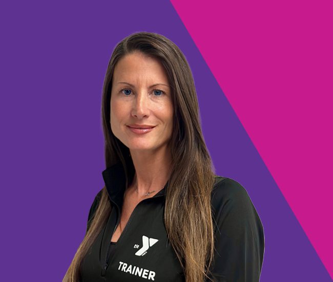Headshot of personal trainer Sara Iannelli on the purple/fushcia YMCA background