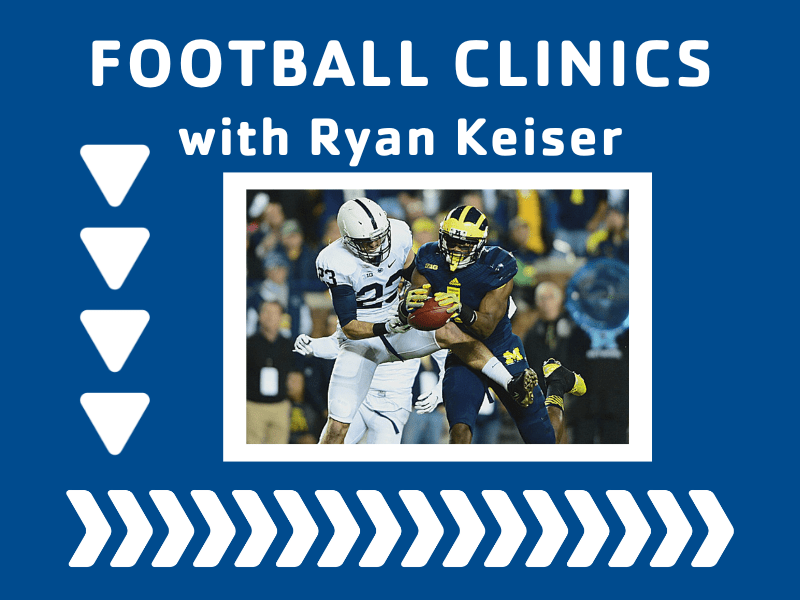 Football graphic showing Ryan Keiser in his PSU uniform tackling a Michigan player during a game